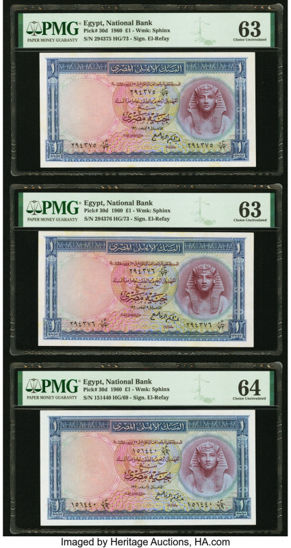 Egypt National Bank of Egypt 1 Pound 1960 Pick 30d Three Examples PMG Choice Unc...