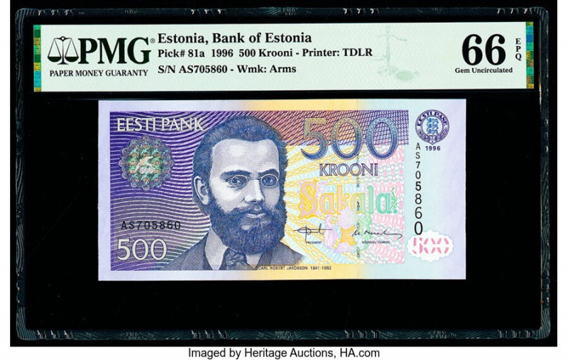 Estonia Bank of Estonia 500 Krooni 1996 Pick 81a PMG Gem Uncirculated 66 EPQ. 

...