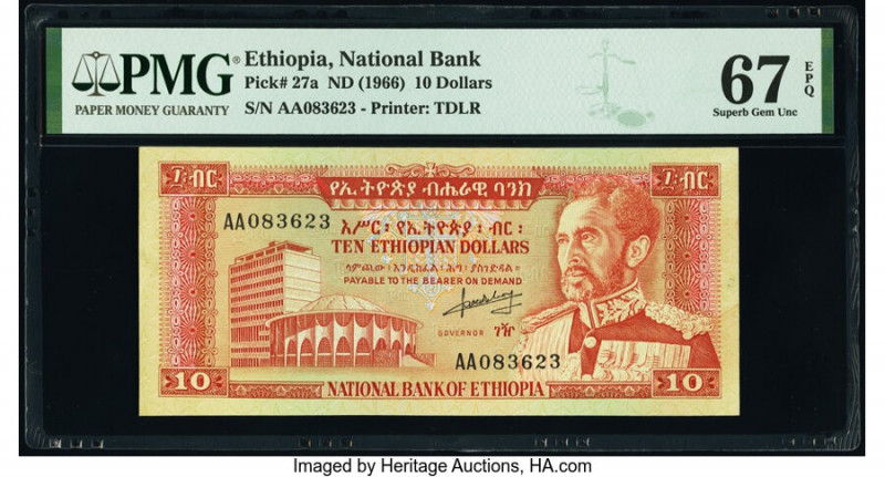 Ethiopia National Bank 10 Dollars ND (1966) Pick 27a PMG Superb Gem Unc 67 EPQ. ...