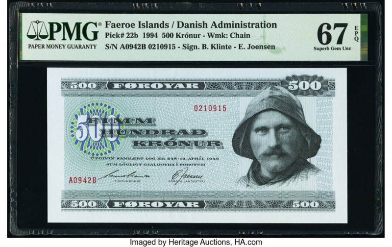 Faeroe Islands Foroyar 500 Kronur 1994 Pick 22b PMG Superb Gem Unc 67 EPQ. 

HID...