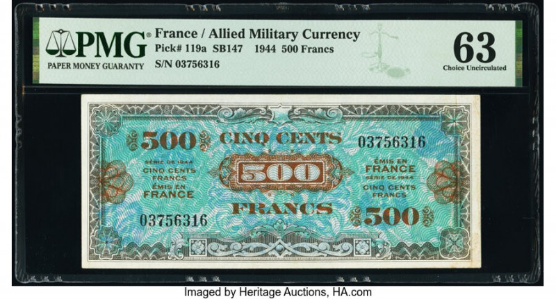 France Allied Military Currency 500 Francs 1944 Pick 119a PMG Choice Uncirculate...