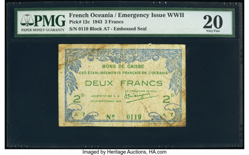 French Oceania Bons de Caisse 2 Francs 1943 Pick 12c PMG Very Fine 20. Soiling.
...