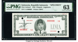 Indonesia Republik Indonesia 5 Rupiah 1948 Pick UNL Specimen PMG Choice Uncirculated 63. Red Specimen overprints, two POCs and minor stain.

HID098012...