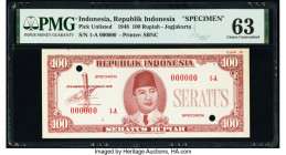 Indonesia Republik Indonesia 100 Rupiah 1.9.1948 Pick UNL Specimen PMG Choice Uncirculated 63. Red Specimen overprints, two POCs and toning.

HID09801...