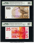 Netherlands Netherlands Bank 100; 25 Gulden 28.7.1977 (ND 1981); 10.2.1971 Pick 97; 92b Two Examples PMG Gem Uncirculated 66 EPQ; Superb Gem Unc 67 EP...