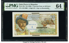 Saint Pierre and Miquelon Caisse Centrale de la France d'Outre-Mer 1 Nouveau Franc on 50 Francs ND (1960) Pick 30b PMG Choice Uncirculated 64. 

HID09...