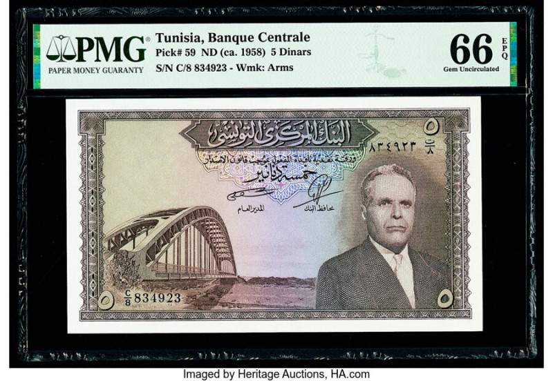 Tunisia Banque Centrale 5 Dinars ND (ca. 1958) Pick 59 PMG Gem Uncirculated 66 E...