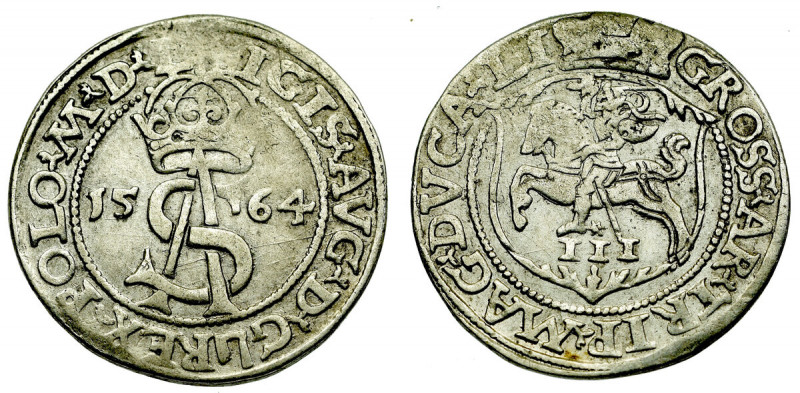 Sigismund II Augustus, 3 groschen 1564, Vilnius - L/LI Ładny, lekko niedobity eg...