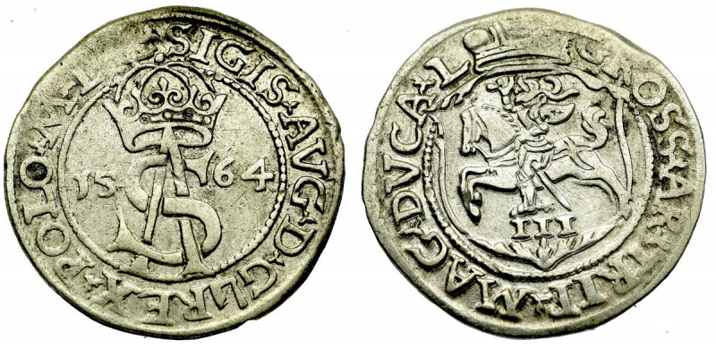 Sigismund II Augustus, 3 groschen 1564, Vilnius - L/L Ładny egzemplarz, resztki ...