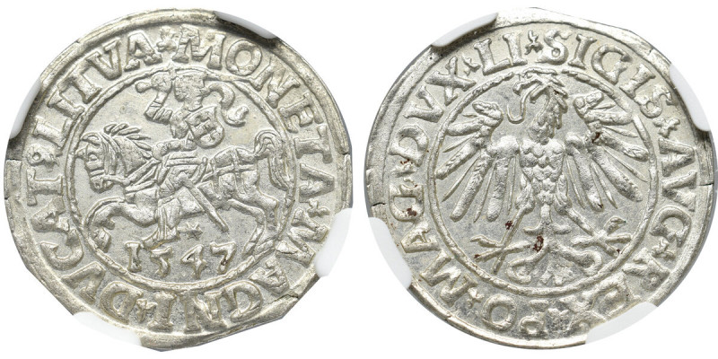 Sigismund II Augustus, Halfgroat 1547, Vilnius - NGC MS65 Menniczy egzemplarz. M...