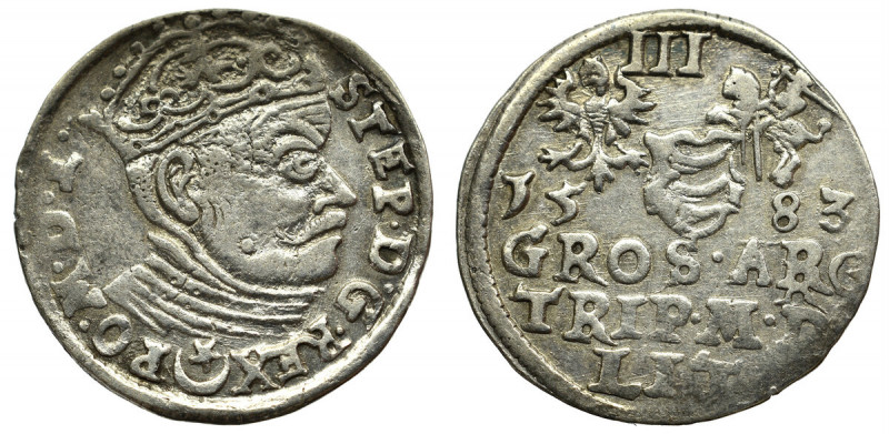 Stephan Bathory, 3 groschen 1583, Vilnius Ładny obiegowy, częściowo niedobity eg...