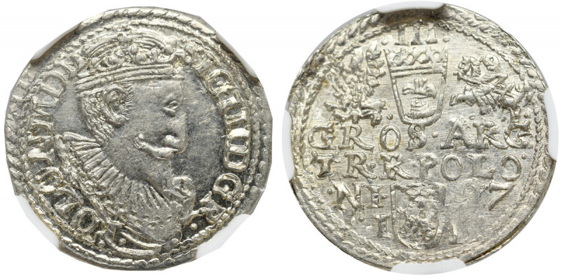 Sigismund III, 3 groschen 1597, Olcusia - NGC MS63+ Piękny menniczy egzemplarz. ...