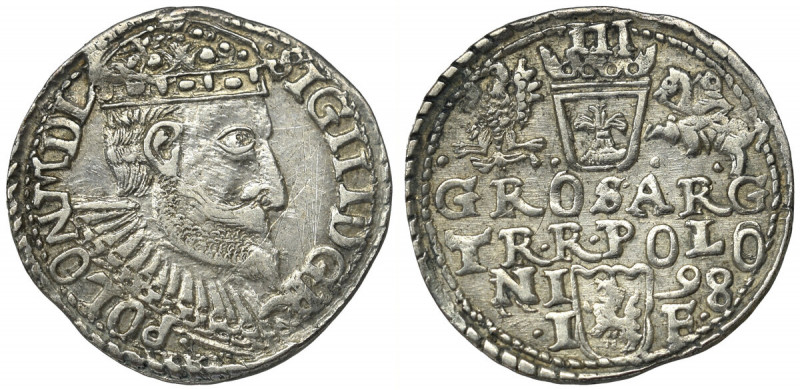 Sigismund III, 3 groschen 1598, Ładny egzemplarz w ciemnej patynie.

Grade: VF...