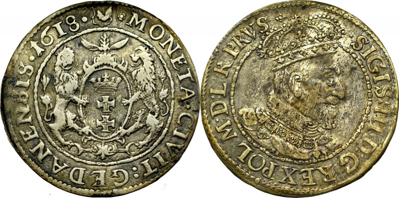 Sigismund III, 18 groschen 1618, Danzig Ładny egzemplarz. Złoto- brązowa patyna,...