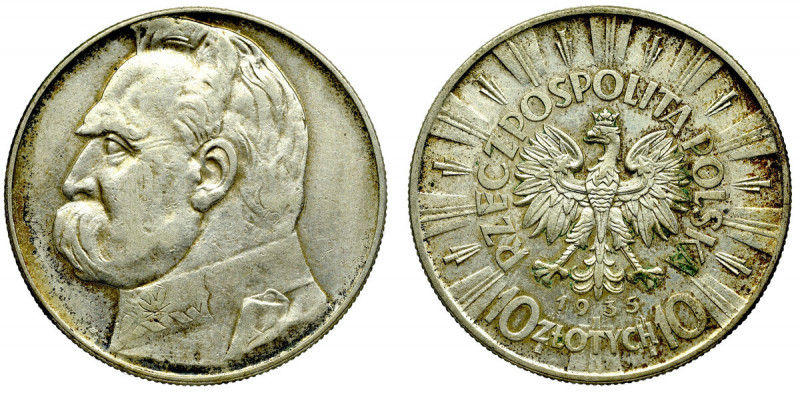 II Republic of Poland, 10 zloty 1935 Pilsudski Przyjemny egzemplarz z resztkami ...