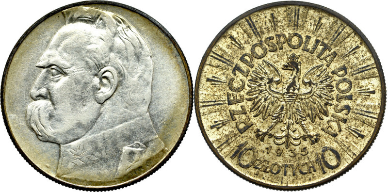 II Republic of Poland, 10 zloty 1935 Pilsudski Przyjemny egzemplarz z resztkami ...