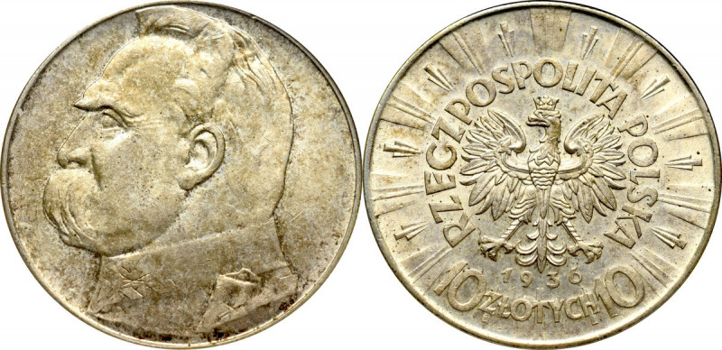 II Republic of Poland, 10 zloty 1936 Pilsudski Ładny egzemplarz z obustronnym po...