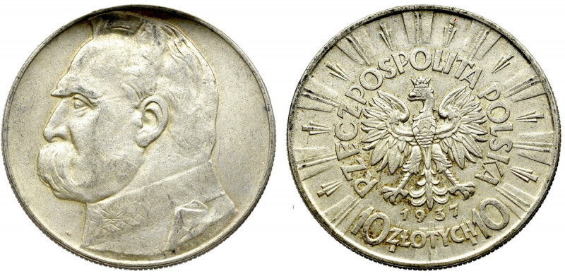 II Republic of Poland, 10 zloty 1937 Pilsudski Ładny obiegowy egzemplarz z dobrz...