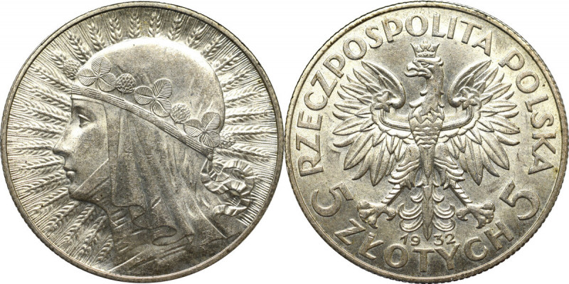 II Republic of Poland, 5 zloty 1932 Polonia Bardzo piękny egzemplarz z zegarowym...