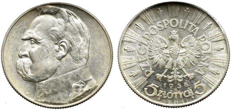 II Republic of Poland, 5 zloty 1938 Pilsudski Ładny egzemplarz ze świeżym, zegar...