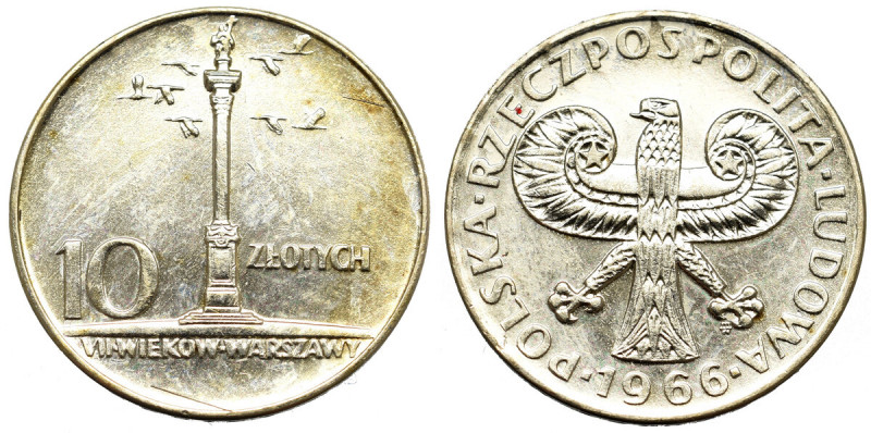 PRL, 10 złotych 1966 - Mała kolumna Około-menniczy egzemplarz poszukiwanej monet...