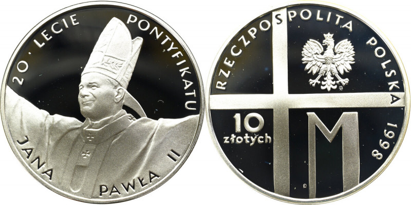 III RP, 10 złotych 1998 20-lecie pontyfikatu Jana Pawła II Drobne skazy mennicze...