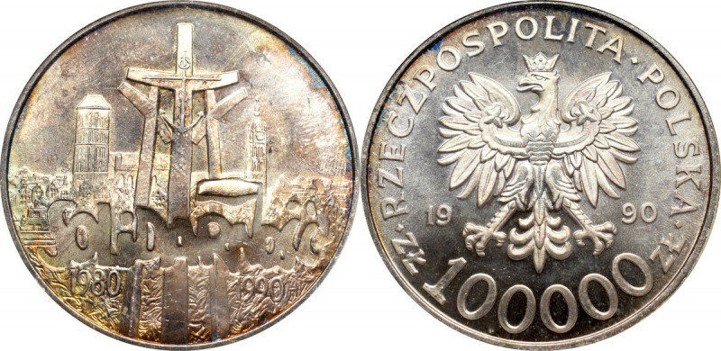 III RP, 100.000 złotych 1990 Solidarność - NGC MS65 Znakomity, wyselekcjonowany ...