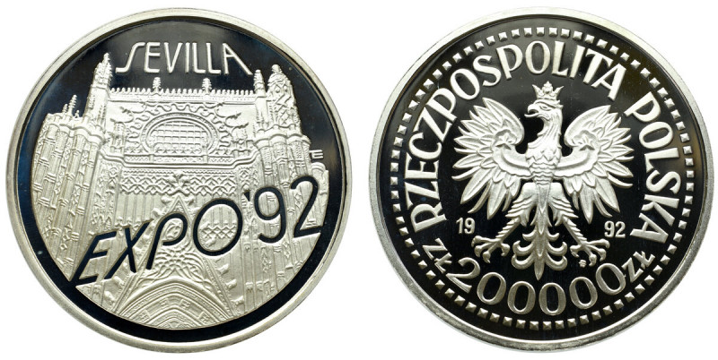 III RP, 200 000 złotych 1992 EXPO'92 Znakomity, menniczy egzemplarz wybity z efe...