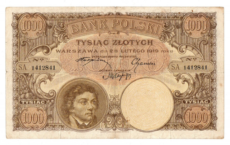 II RP, 1000 złotych 28 lutego 1919 Banknot w obiegowym stanie zachowania i popra...