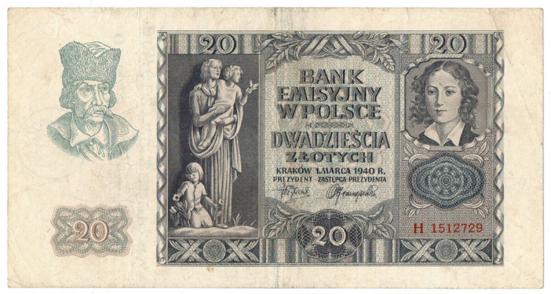 Powstanie Warszawskie 1944 , 20 złotych 1940 z nadrukiem OKRĘG WARSZAWSKI/ DOWÓD...