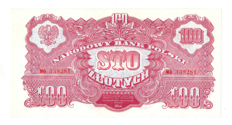 PRL, 100 złotych 1944 , seria MO - '...obowiązkowe...' Banknot o bardzo atrakcyj...