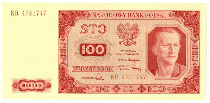 PRL, 100 złotych 1948 Egzemplarz w emisyjnym stanie zachowania. Banknot autorstw...