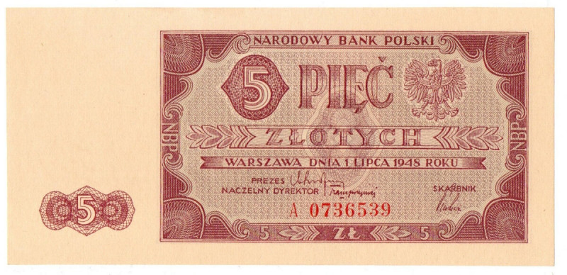 PRL, 5 złotych 1948 A Egzemplarz w emisyjnym stanie zachowania. Banknot autorstw...