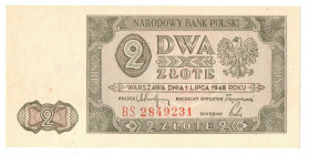 PRL, 2 złote 1948 z nadrukiem '50 LAT PAŃSTWOWEJ WYTWÓRNI PAPIERÓW WARTOŚCIOWYCH'