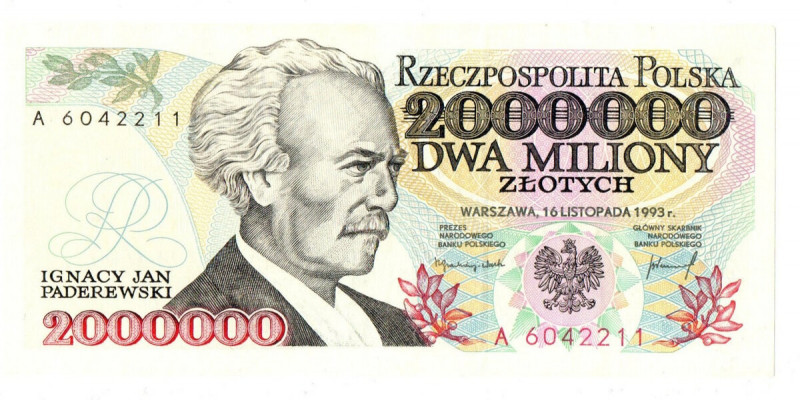 2 mln złotych 1993 Banknot z bardzo dobrą prezencją, jednak noszący ślady ingere...