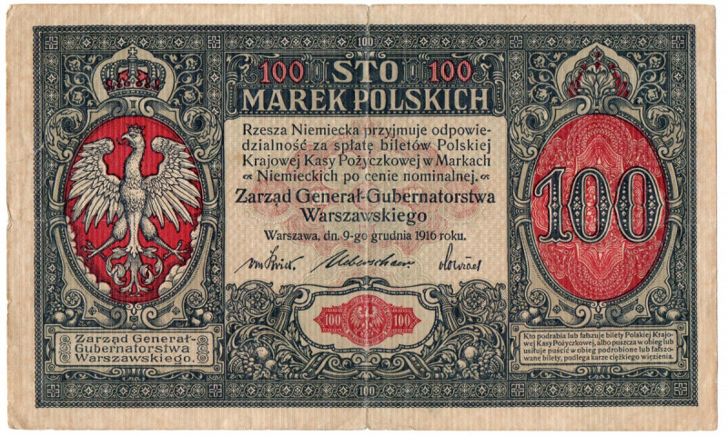 100 marek polskich 1916, Generał Poprawny egzemplarz ze śladami obiegu, bez zabi...