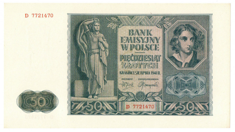 Generalne Gubernatorstwo, 50 złotych 1941 D Banknot w emisyjnym stanie zachowani...