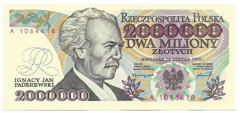 2 mln złotych 1992 z błędem ' Sejm Konstytucyjy 1919r.' Banknot w emisyjnym stan...