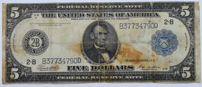 USA, 5 dollars 1914 Obiegowy egzemplarz. 
Grade: F 

More photos and full ite...