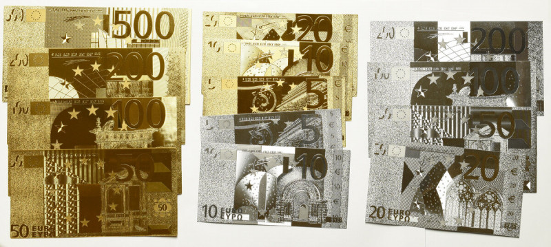 Zestaw pozłacanych i posrebrzanych banknotów euro (13 egz) Kolekcjonerski zestaw...