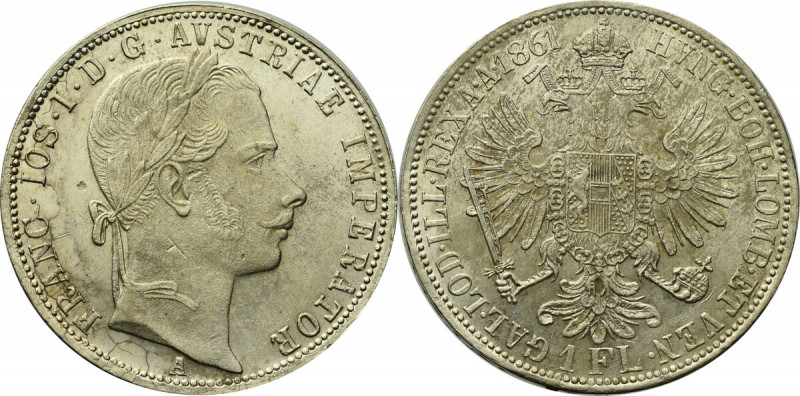 Austria-Hungary, 1 florin 1861 Bardzo ładny egzemplarz w ciemnej patynie. 
Grad...