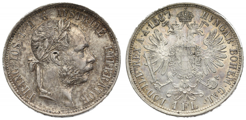 Austria, Franz Joseph, 1 florin 1887 Piękny, okołomenniczy egzemplarz w nierówno...