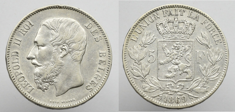 Belgium, 5 francs 1869 Ładny w pełni czytelny egzemplarz. 
Grade: VF+ 

More ...