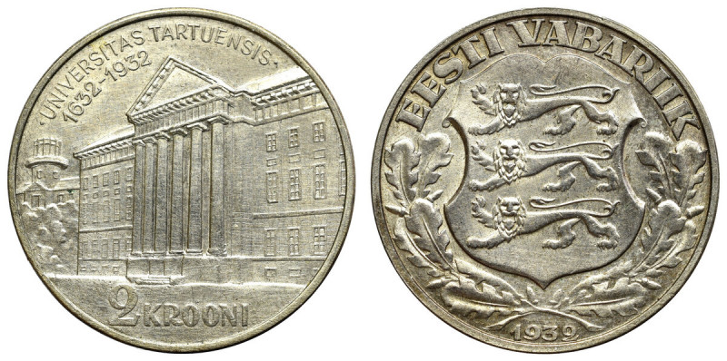 Estonia, 2 krooni 1932 - University of Tartu Ładny egzemplarz. Patyna, nalot. Re...