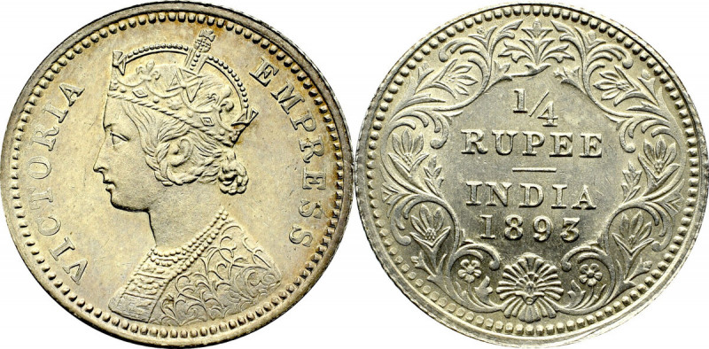 British India, 1/4 rupee 1893 Piękny czytelny egzemplarz, z połyskiem.&nbsp;&nbs...