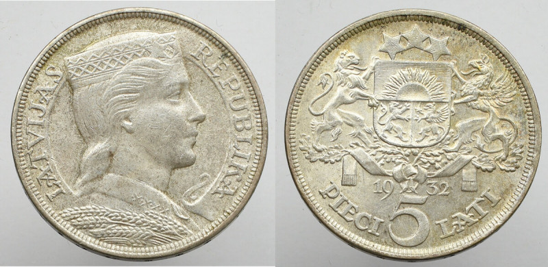 Latvia, 5 lati 1932 Piękny, okołomenniczy egzemplarz w ładnej patynie. 
Grade: ...