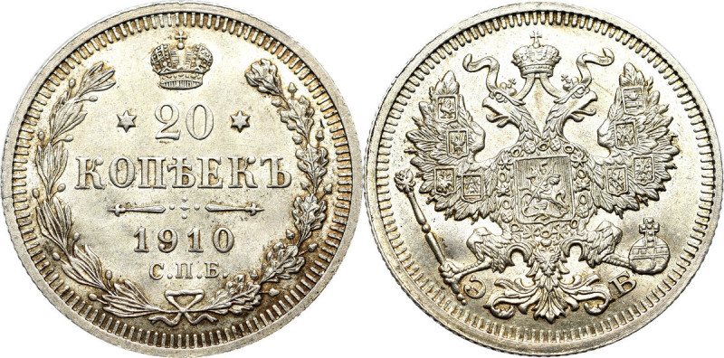 Russia, Nicholas II, 20 kopecks 1910 ЭБ - NGC MS66 Piękny egzemplarz 20-kopiejkó...