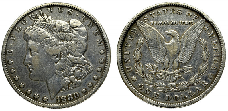 USA, Morgan dollar 1880 Ładny, czytelny egzemplarz. Ciemna patyna, lekkie przeta...