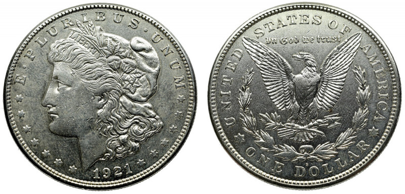 USA, Morgan dollar 1921 S Bardzo ładny czytelny egzemplarz. 
Grade: XF-/XF 

...