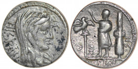 Roman Republican. A. Postumius A.f. Sp.n. Albinus, Rome, 81 BC. AR Denarius (18mm, 3.72g). Veiled head of Hispania right / Figure standing left, hand ...